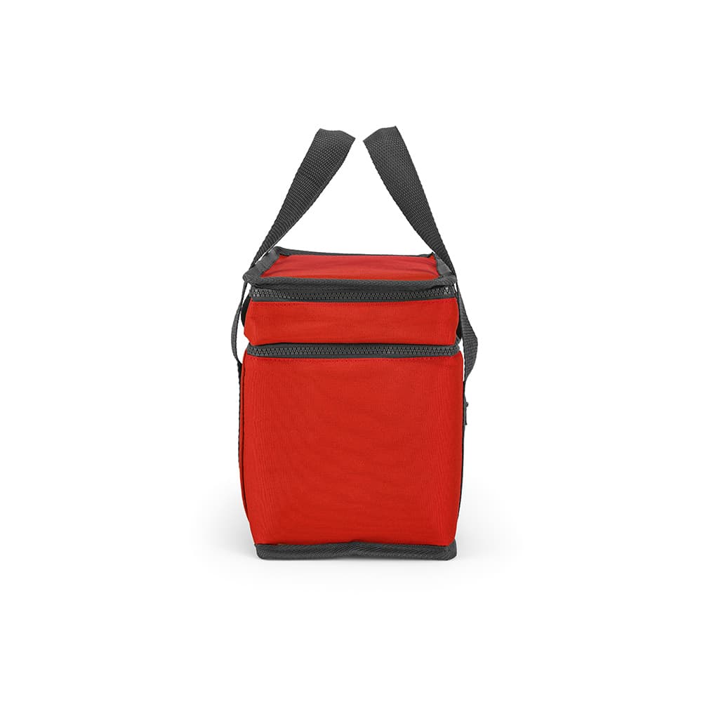 A red cooler bag with two compartments and a front pocket, featuring a grey strap and a logo.