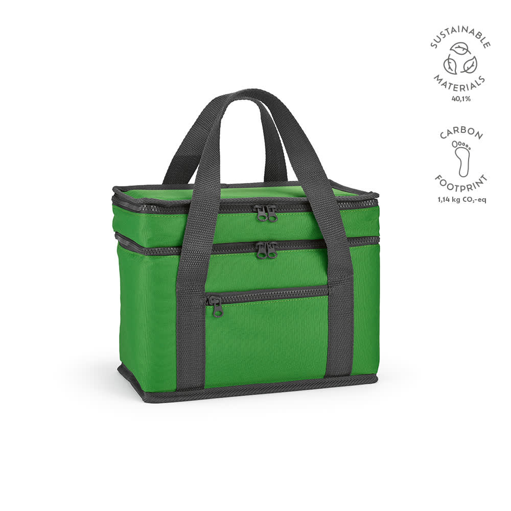 A green cooler bag with two compartments and a front pocket, featuring sturdy black handles and zippers.