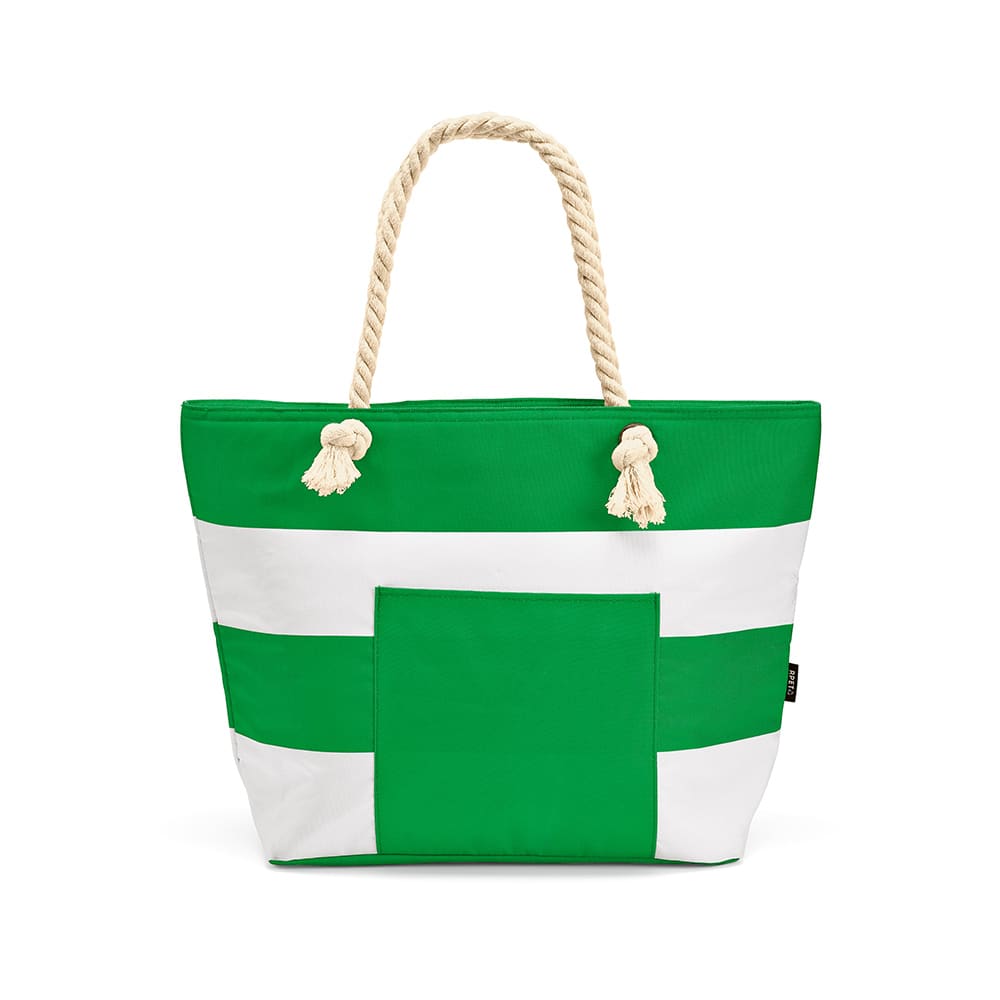 A green and white striped tote bag with a pocket and rope handles. The bag features a logo.