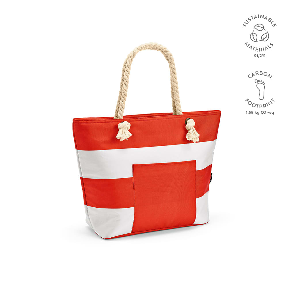 A stylish red and white tote bag with rope handles and a front pocket, featuring sustainable materials.