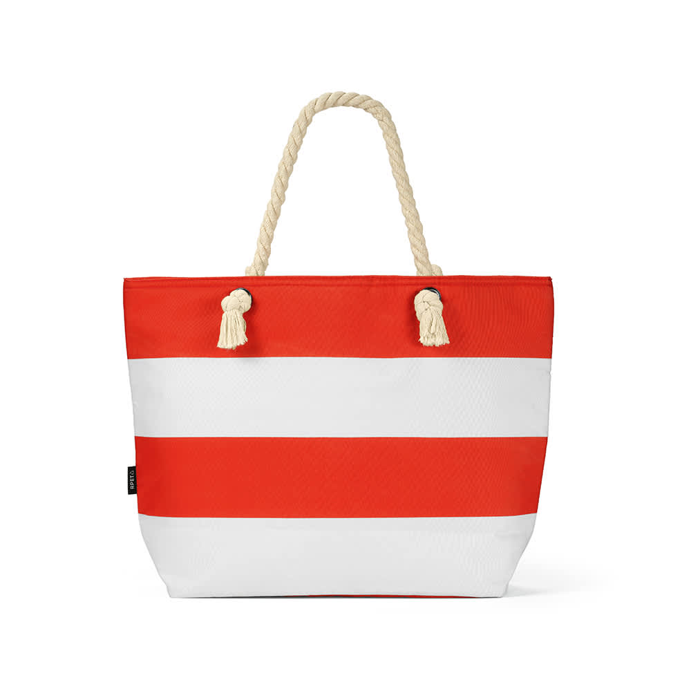 A large tote bag featuring red and white stripes, with thick, natural rope handles. It has a branding logo.
