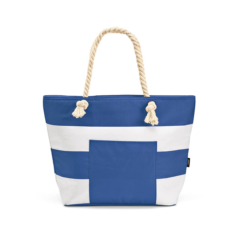 A blue and white striped tote bag with a front pocket and rope handles. It features a logo.