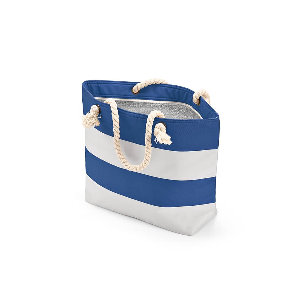 A blue and white striped cooler bag with rope handles and an insulated interior. It features a logo.