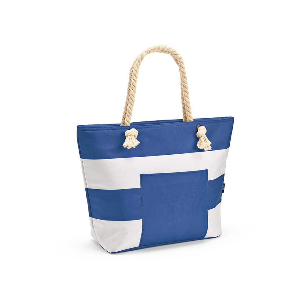 A blue and white tote bag featuring rope handles and a front pocket, designed with a simple striped pattern.
