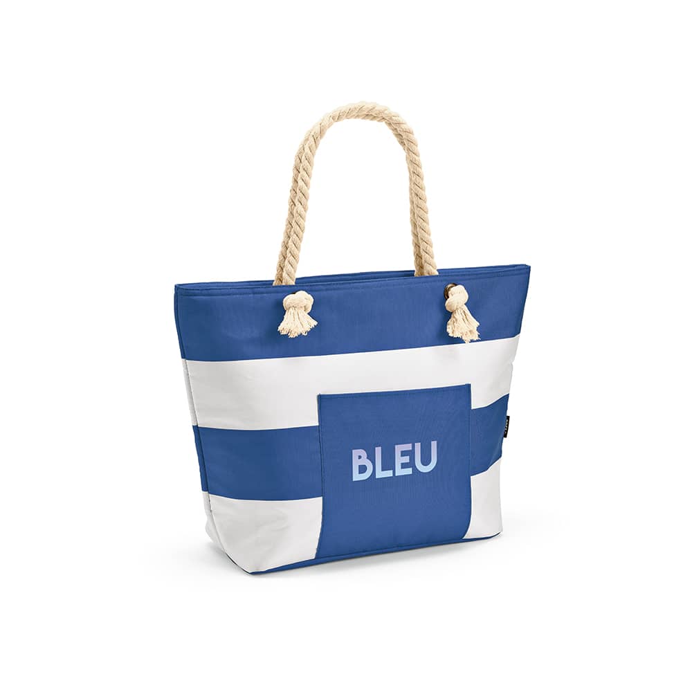 A blue and white cooler bag with braided handles and a front pocket, featuring a logo.