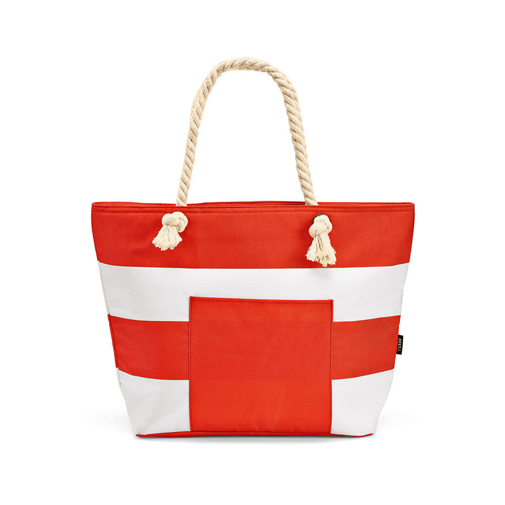 A large red and white striped cooler bag with recycled cotton handles and a front pocket. It features a logo.