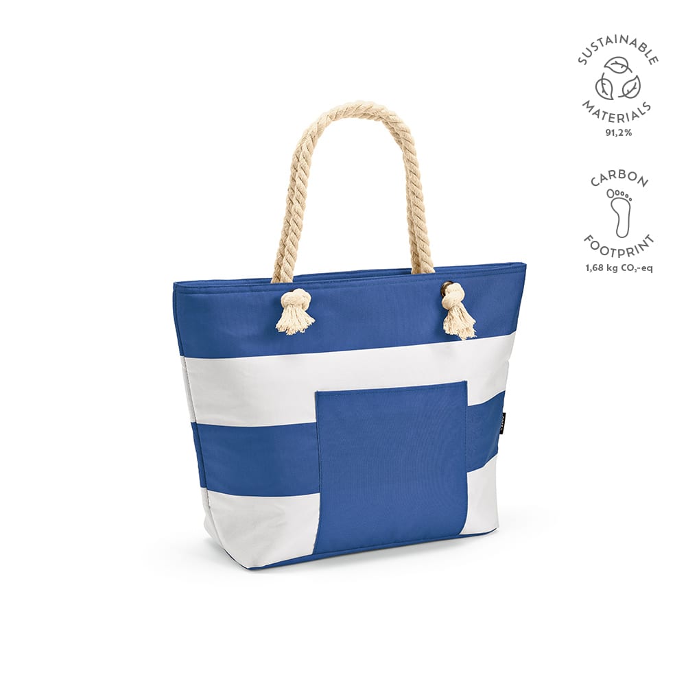 A tote bag in blue and white, featuring rope handles and a front pocket. It has a logo indicating sustainable materials.