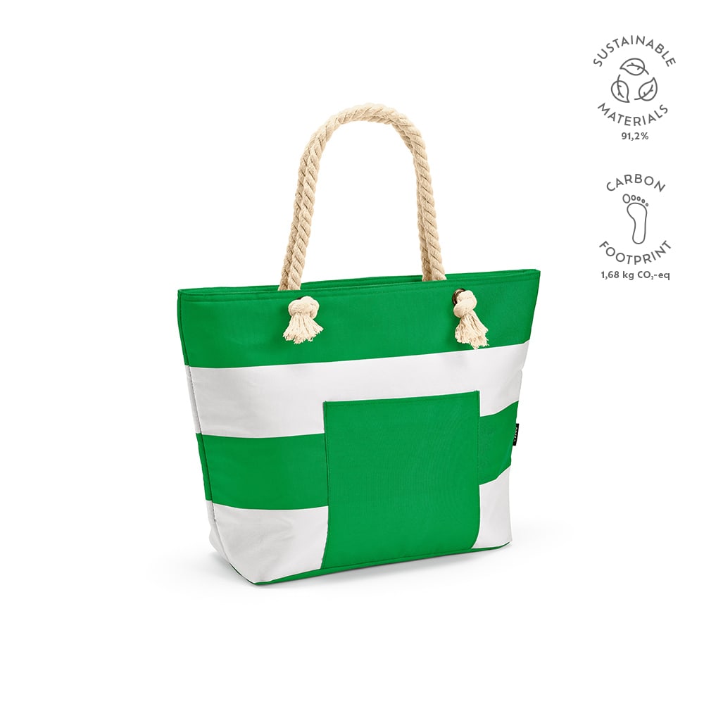 A green and white tote bag with rope handles and a front pocket. It features a logo indicating sustainable materials.