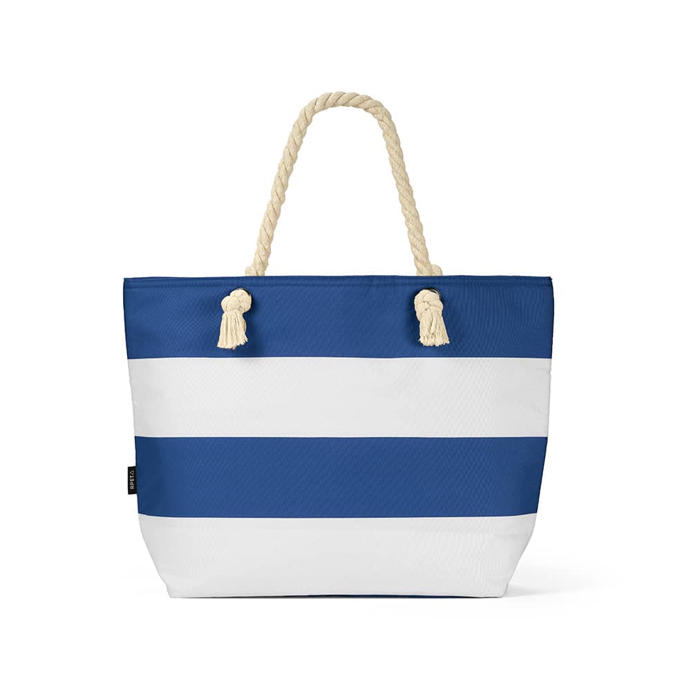 A striped tote bag in blue and white with rope handles and a logo.
