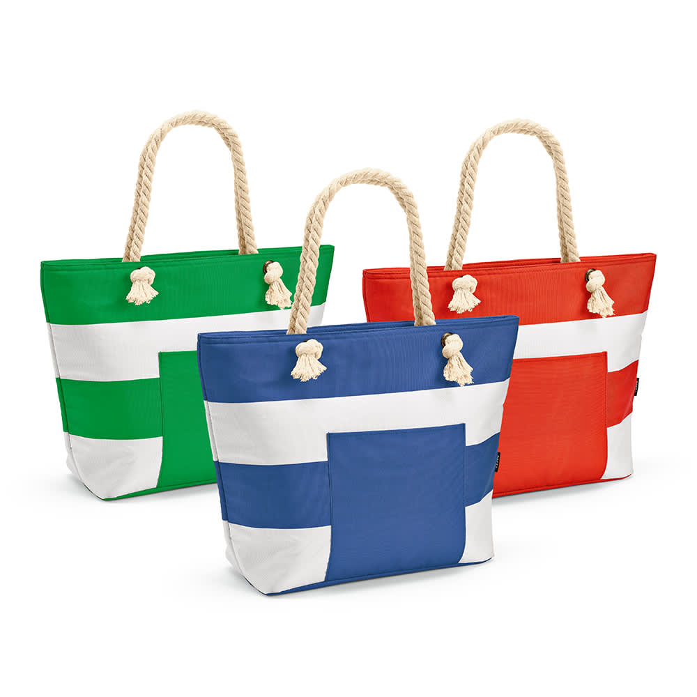 Three tote bags in green, red, and blue, featuring white striped accents and rope handles. Each bag has a logo.