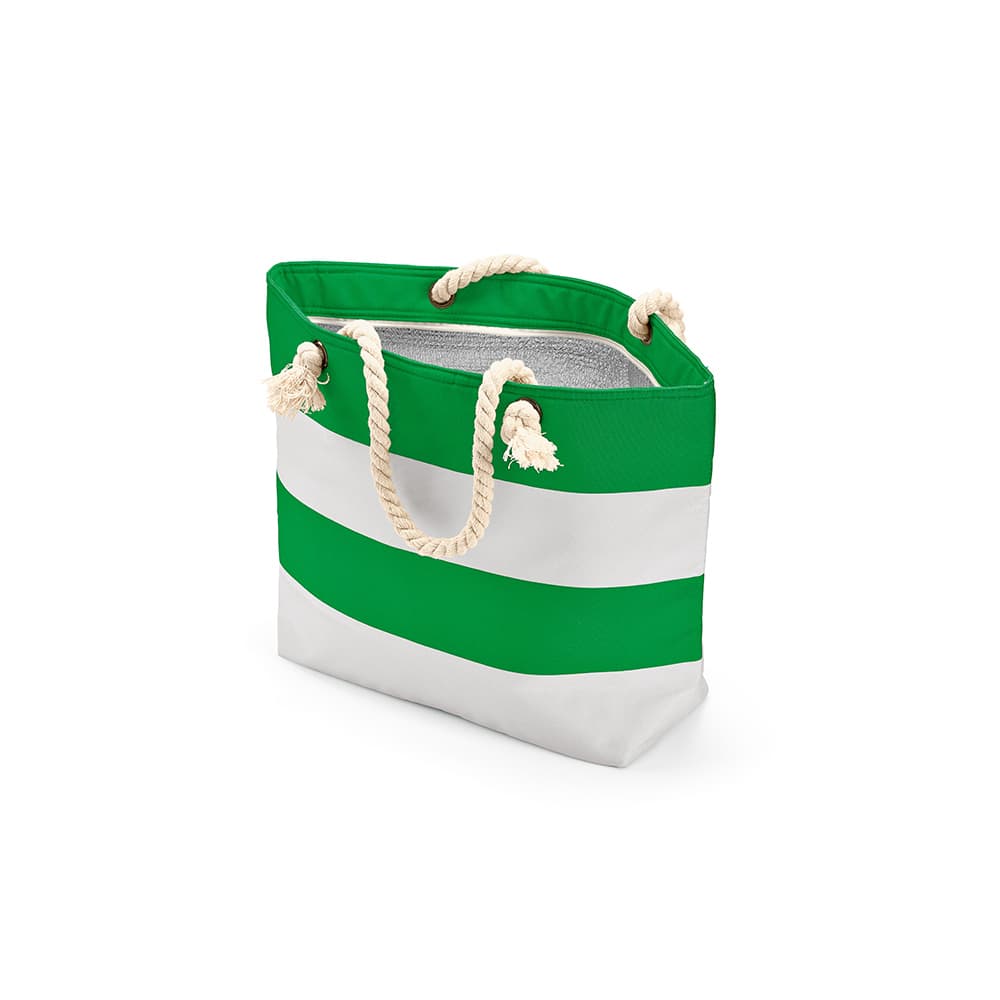 A green and white striped cooler bag with recycled cotton handles and a logo. Ideal for keeping drinks chilled.