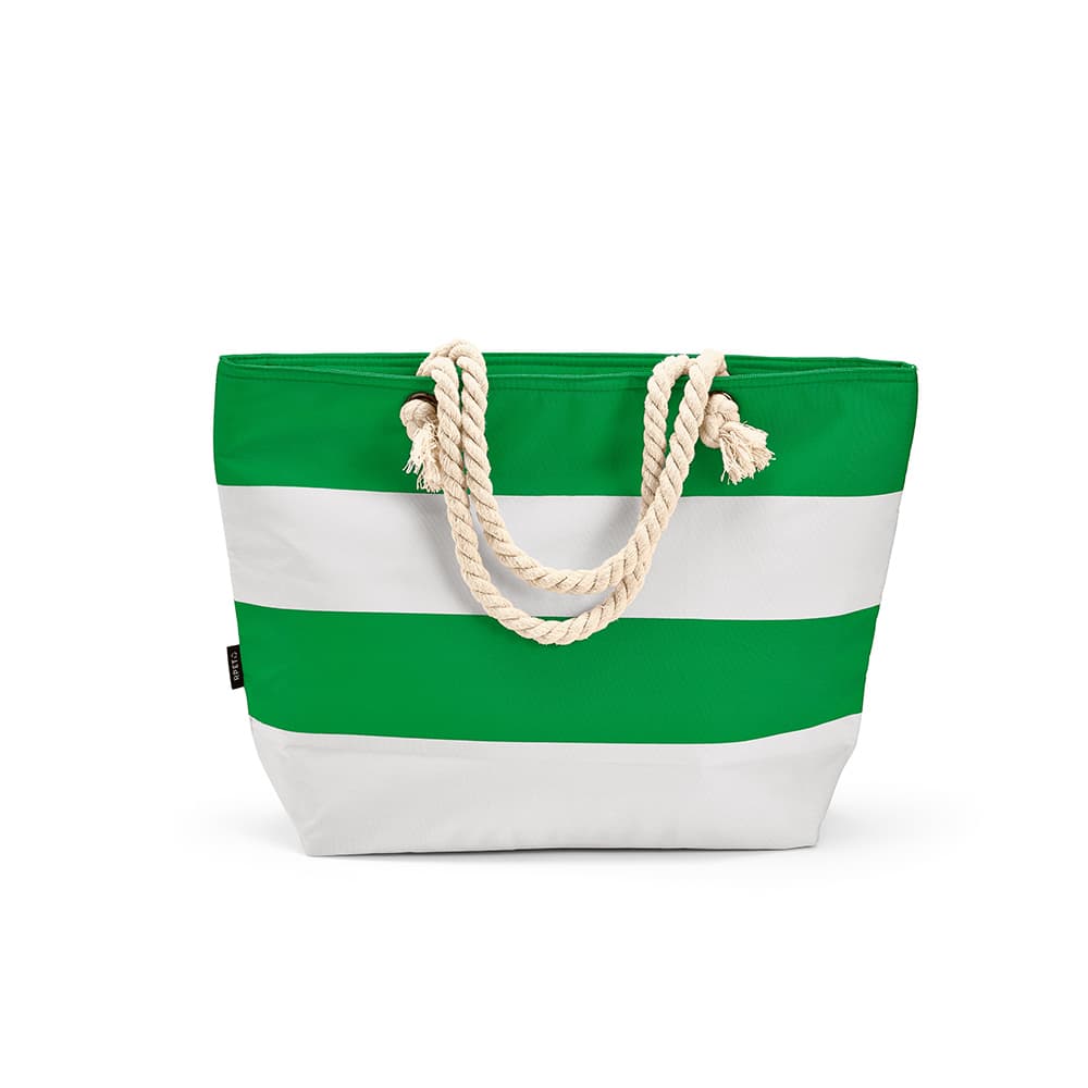 A green and white striped cooler bag featuring rope handles and a branded logo.