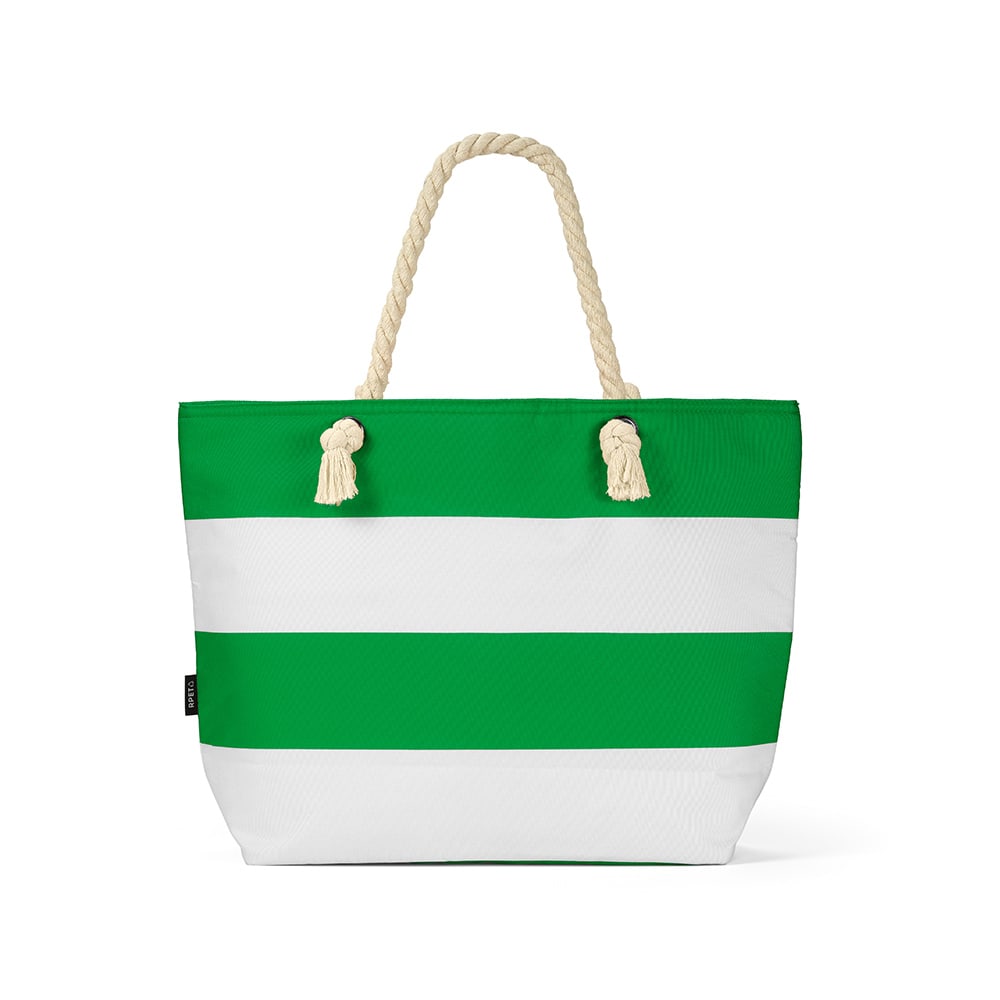 A tote bag with green and white stripes, featuring thick handles made of rope. It has a branding logo.