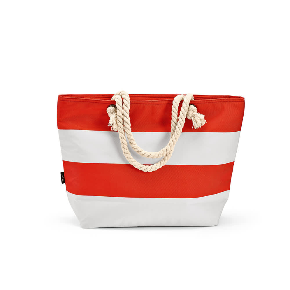 A red and white striped cooler bag with rope handles and a branding logo.