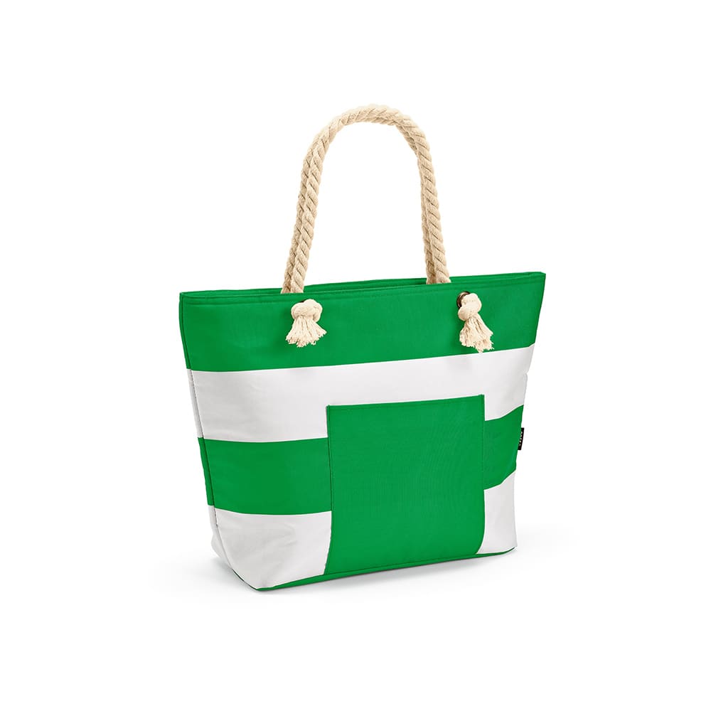 A green and white striped tote bag with rope handles. It features a front pocket and has a logo.