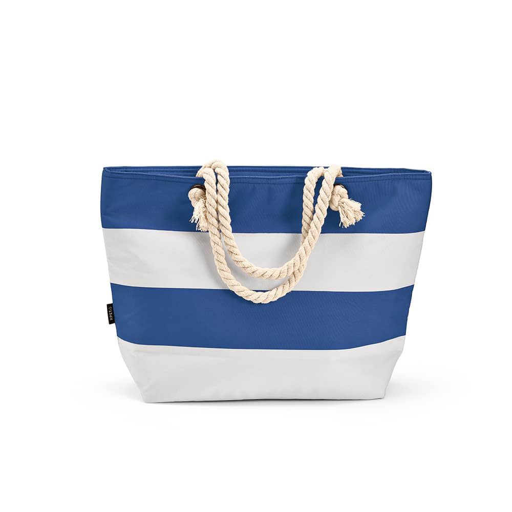 A blue and white striped tote bag featuring rope handles and a logo on the side.