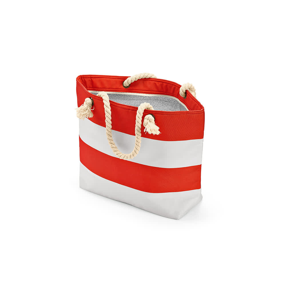 A red and white striped cooler bag with rope handles and an insulated interior. It features a logo.