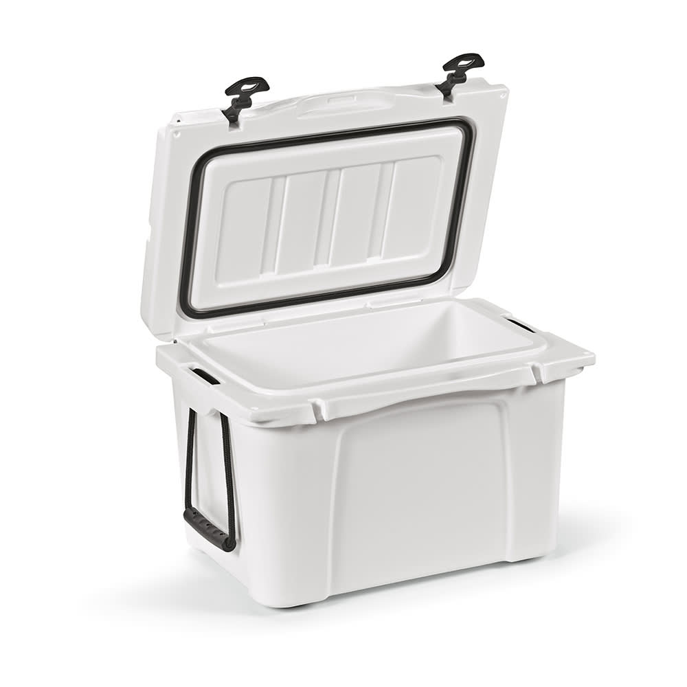 A 35L white cooler with an open lid, featuring a black handle and a logo on the side.