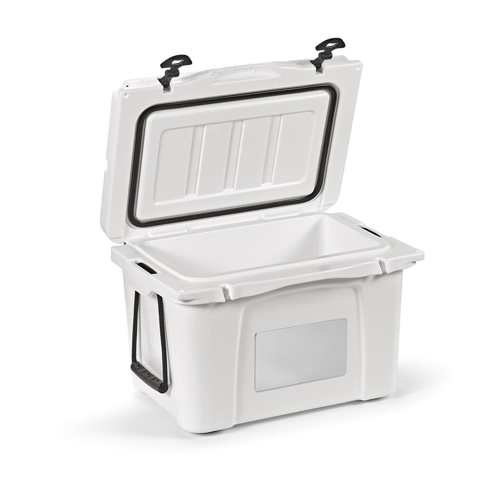 A 35L white cooler with an open lid, featuring a metal plate for customisation and sturdy handles.