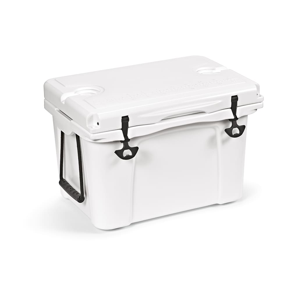 A white 35L cooler with a cooler lid, featuring a black carrying handle and metal plate for customisation.