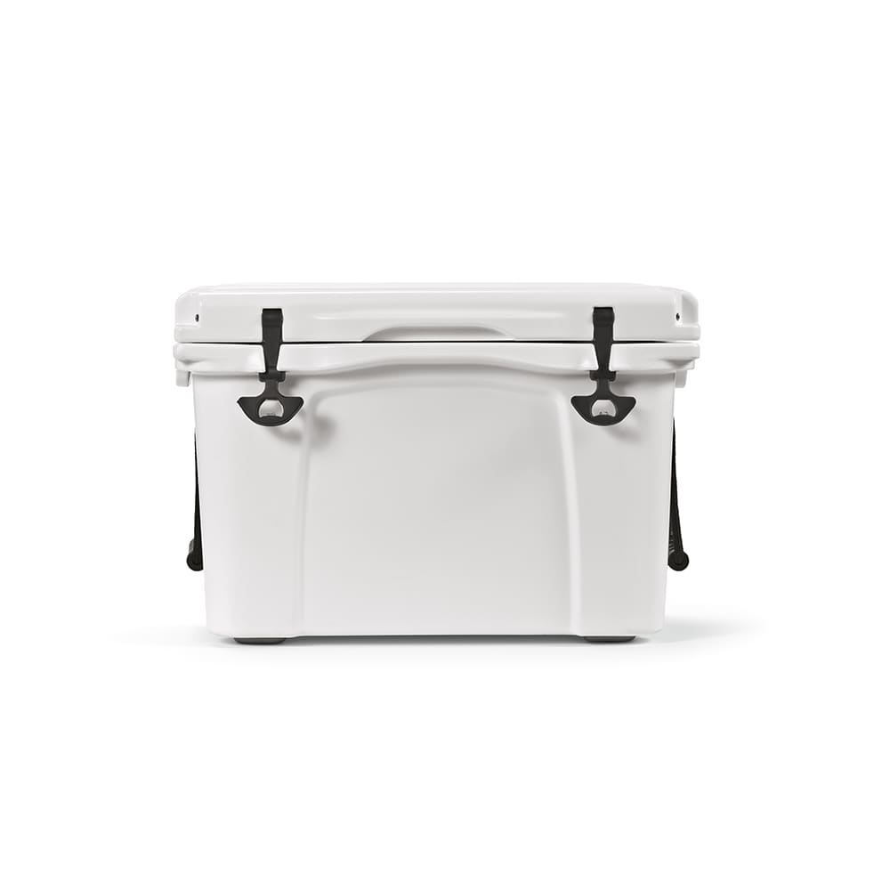 A white 35L cooler with black fasteners and a metal plate for customisation. It features a sturdy design.