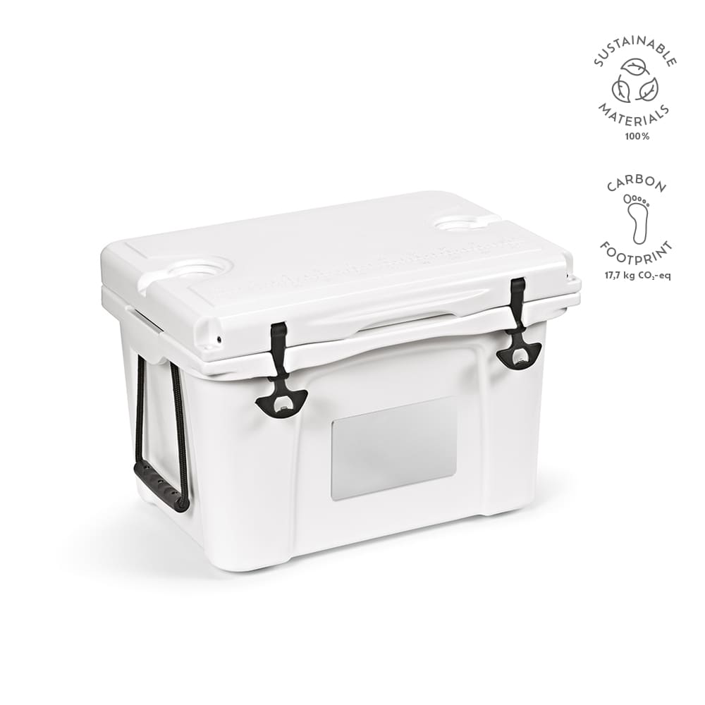 A white 35L cooler featuring black latches and a customised metal plate area, made from sustainable materials.