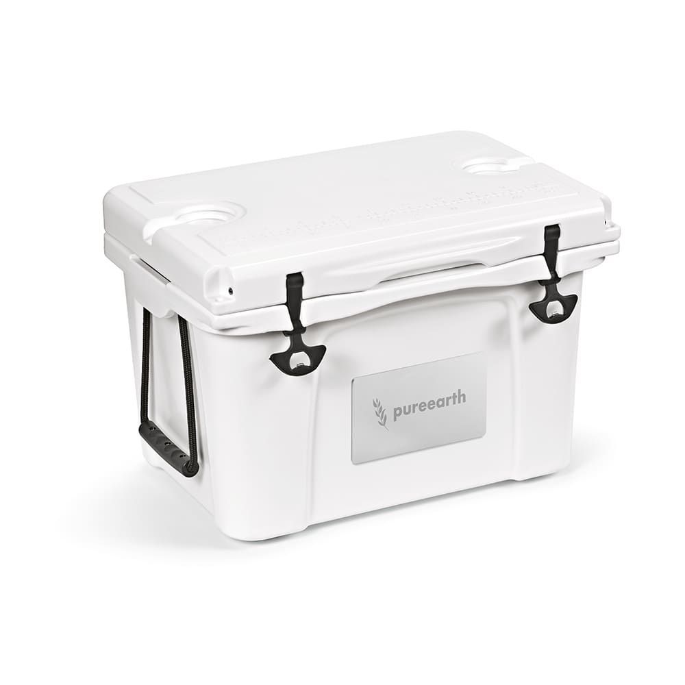 A white cooler with a grey customisable metal plate, featuring black latches and a sturdy handle.
