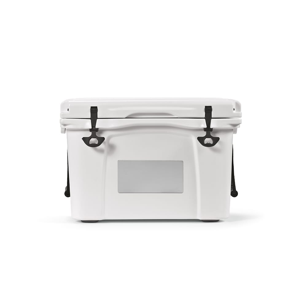 A white cooler with a lid, side handles, and a clear panel for customisation. It includes branding elements.
