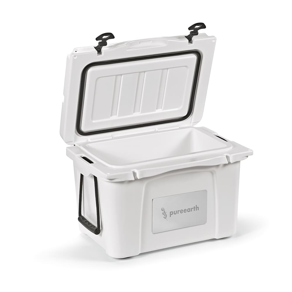 A white cooler with a lid, featuring a customisable metal plate and side handles.