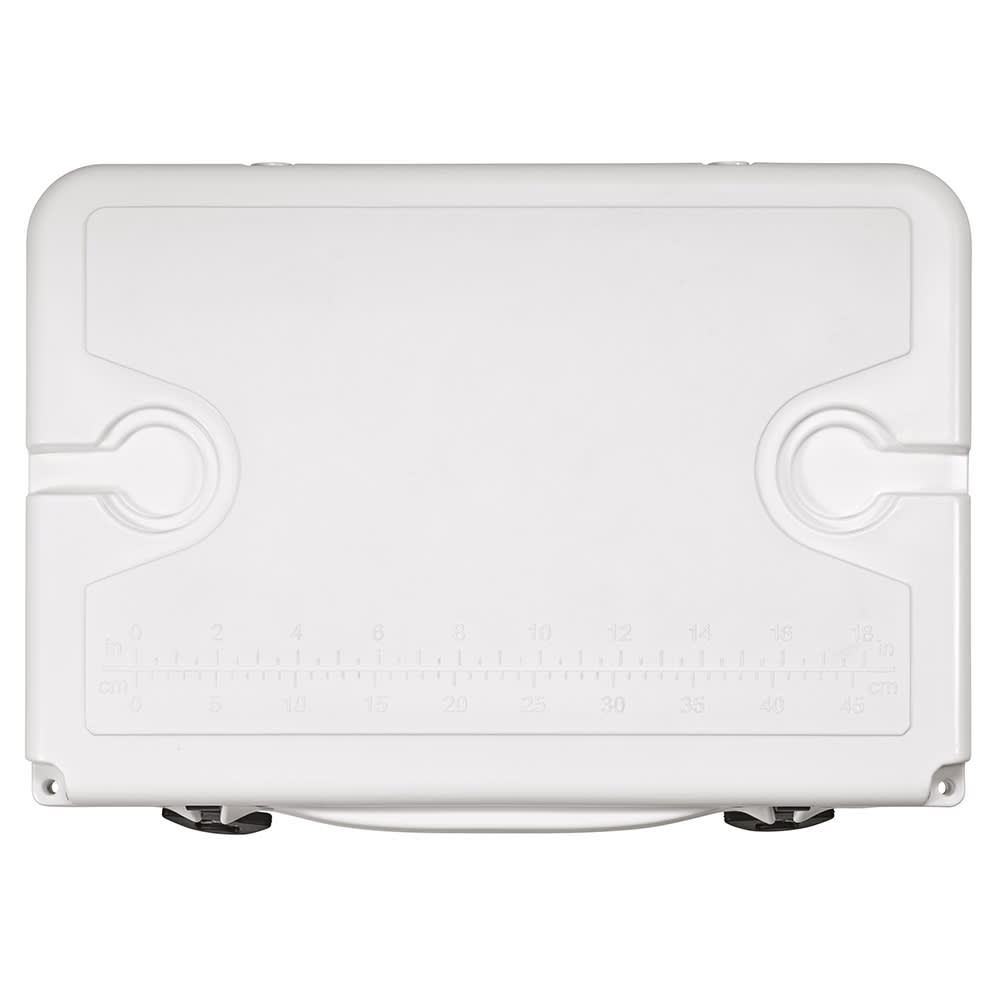 A white cooler with a flat top, featuring a durable design and a space for a customisable metal plate.