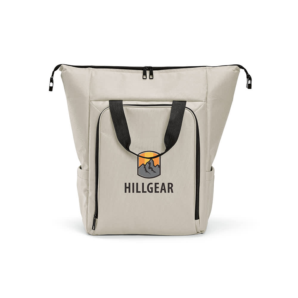 A light beige cooler bag with a front pocket, two side pockets, and a logo. Features sturdy black straps.