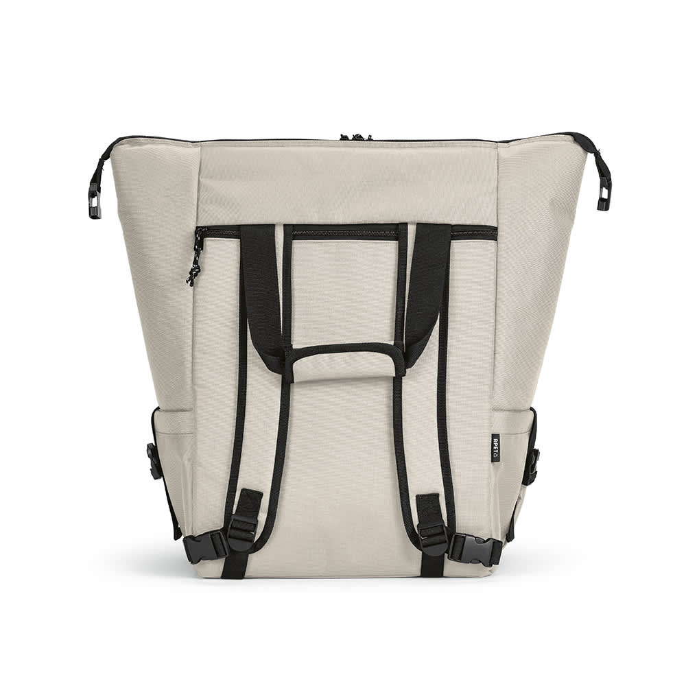 A beige cooler bag with black straps, featuring a front pocket and two side pockets. It has a logo on the front.