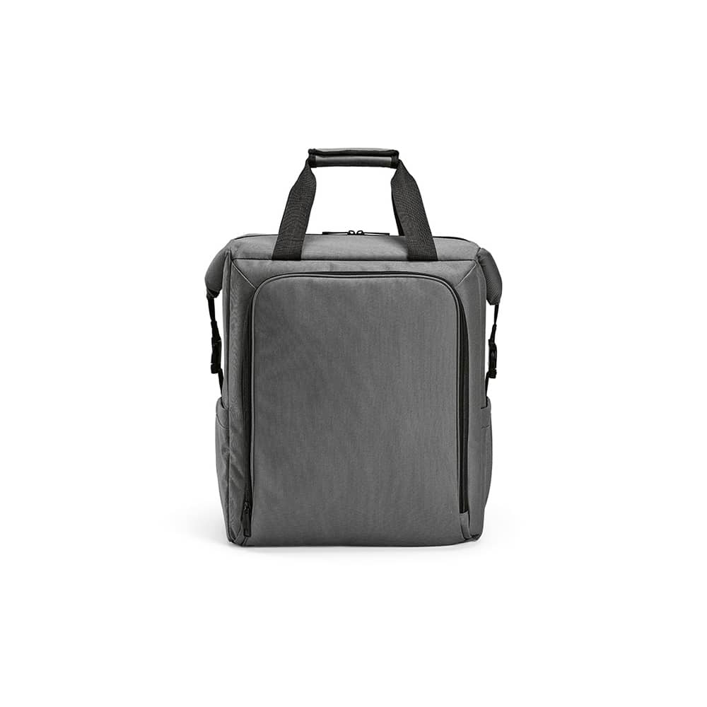 A grey cooler bag with a front pocket and two side pockets, featuring dual handles and a logo.