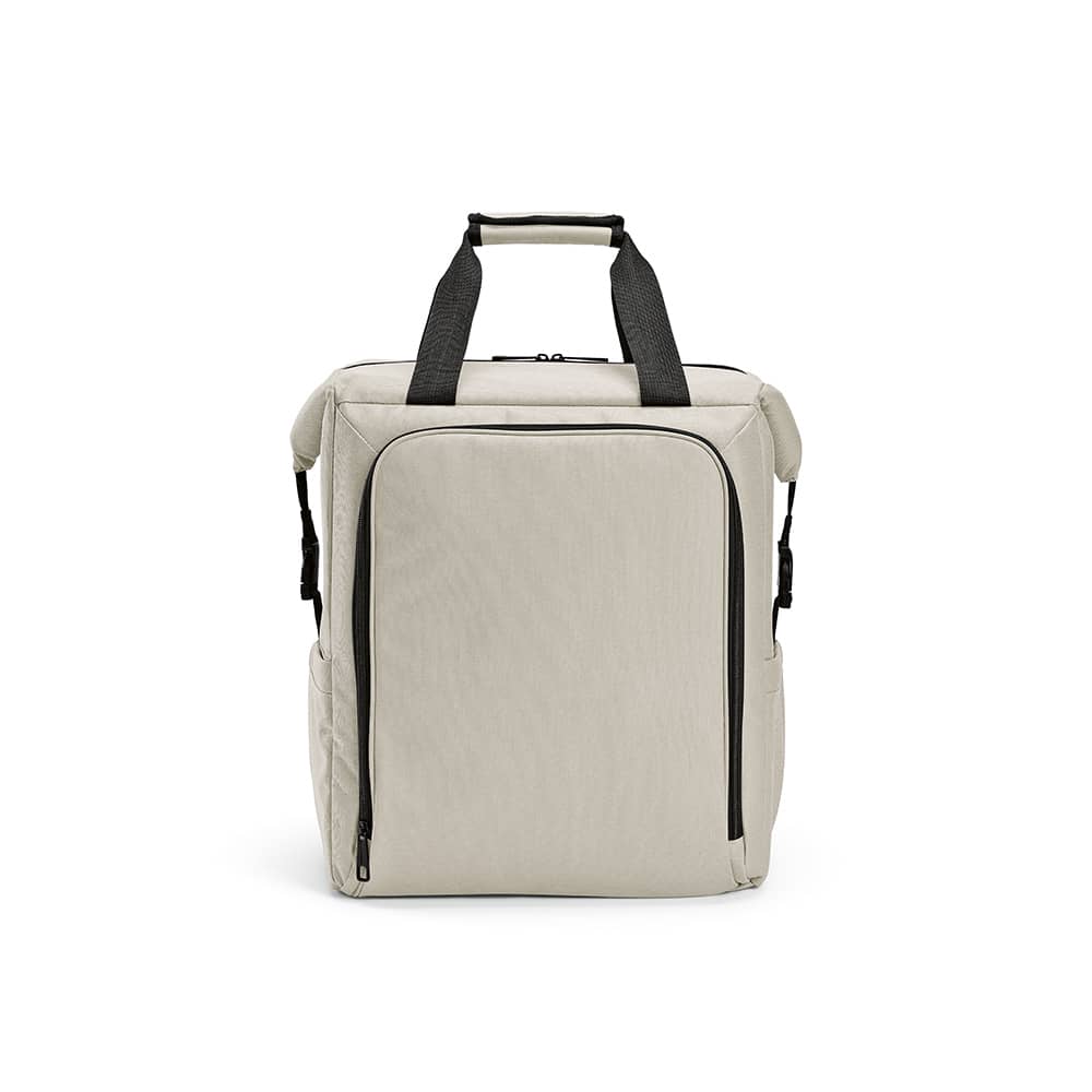 A cooler bag in light beige with a front pocket, two side pockets, and a handle on top. It features a logo.