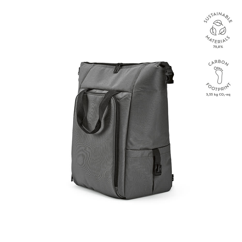 A grey cooler bag featuring a front pocket, two side pockets, and a logo, made from sustainable materials.