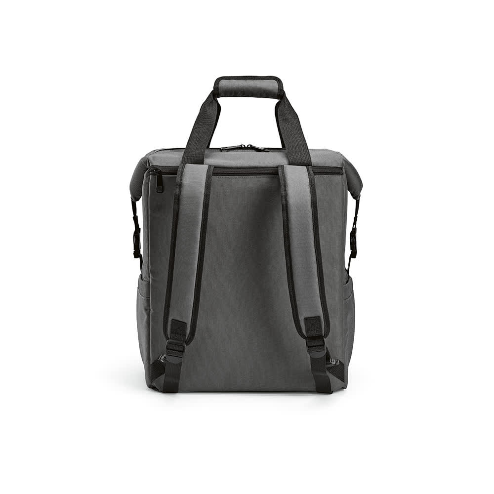 A grey cooler bag with adjustable shoulder straps, featuring a front pocket and two side pockets.