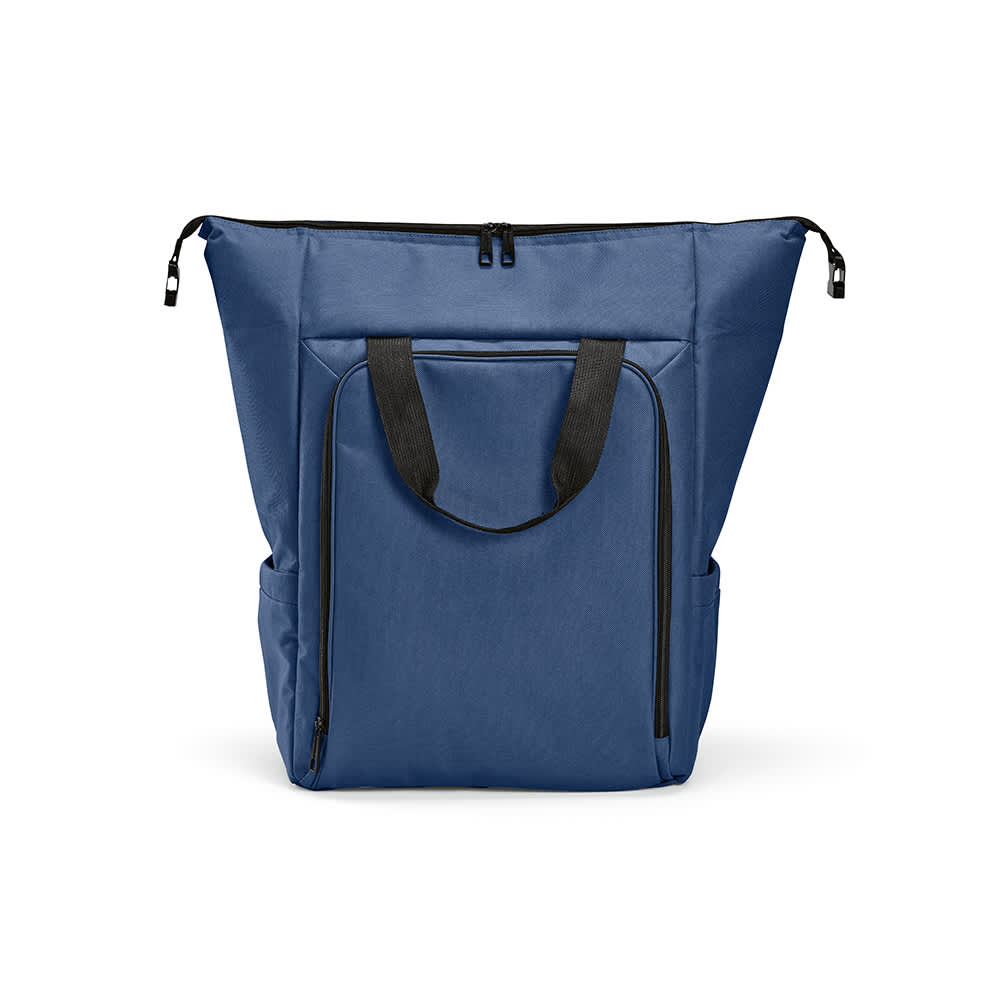 A navy blue cooler bag with a front pocket and two side pockets, featuring sturdy black straps and a zip closure.
