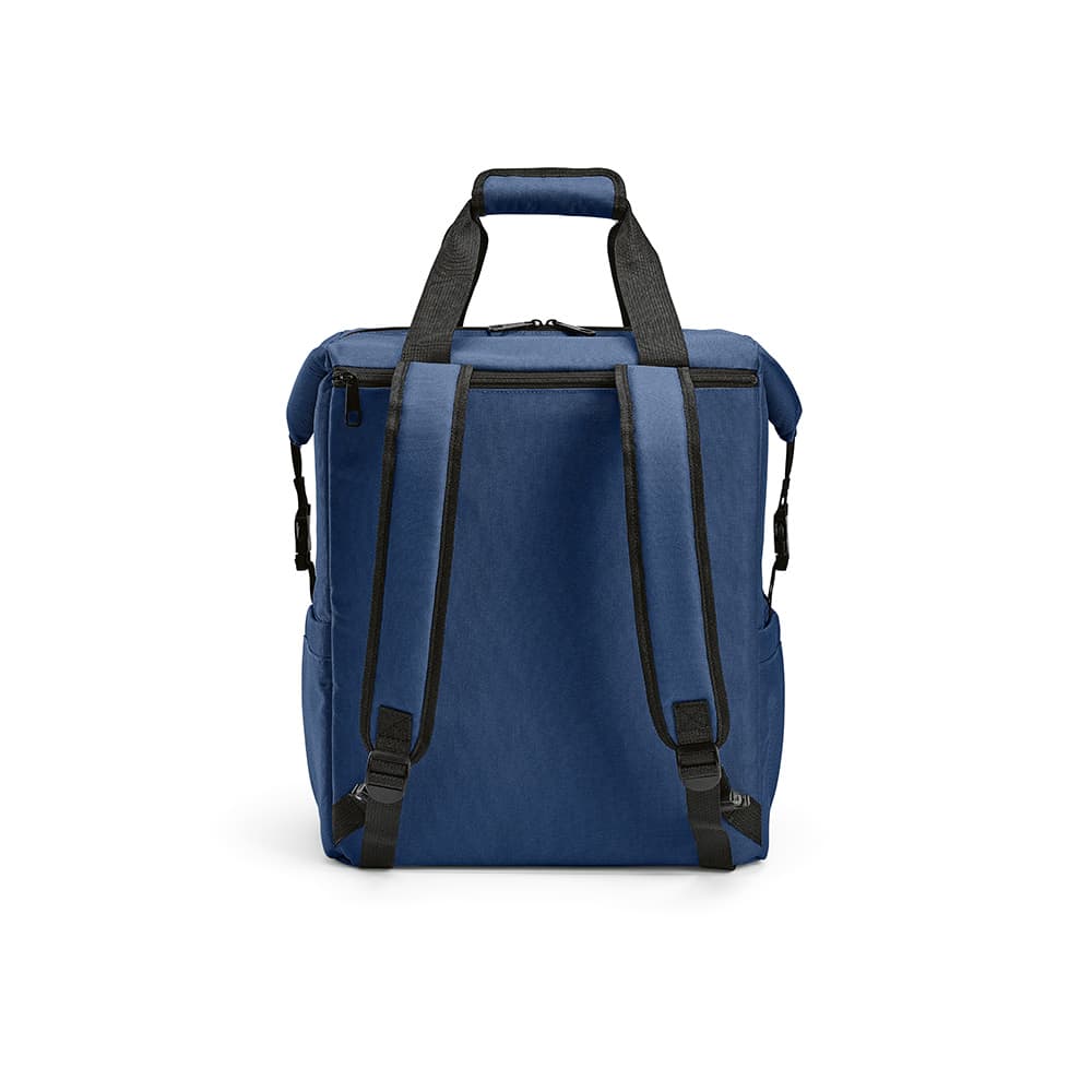 A navy blue cooler bag with a front pocket and two side pockets, featuring adjustable straps and a handle.