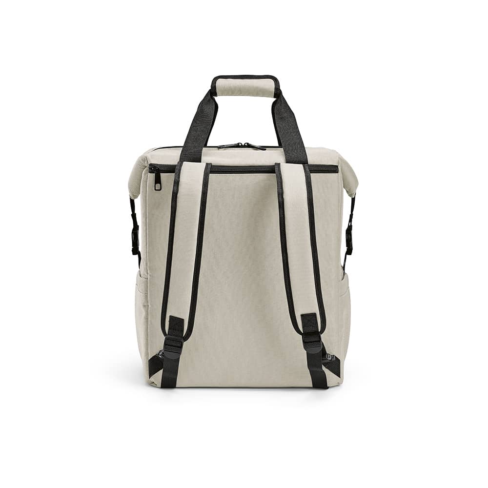 A cooler bag in light beige with black straps, featuring a front pocket and two side pockets, and a logo.