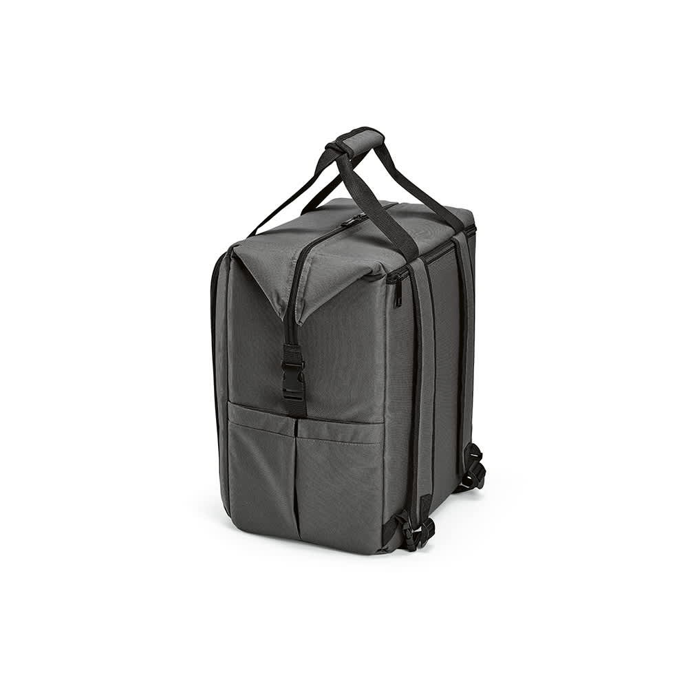 A grey insulated cooler bag with a front pocket and two side pockets, featuring adjustable straps and a buckle closure.