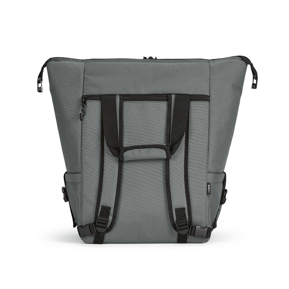 A grey cooler bag featuring a front pocket, two side pockets, and adjustable straps. The bag also includes a logo.