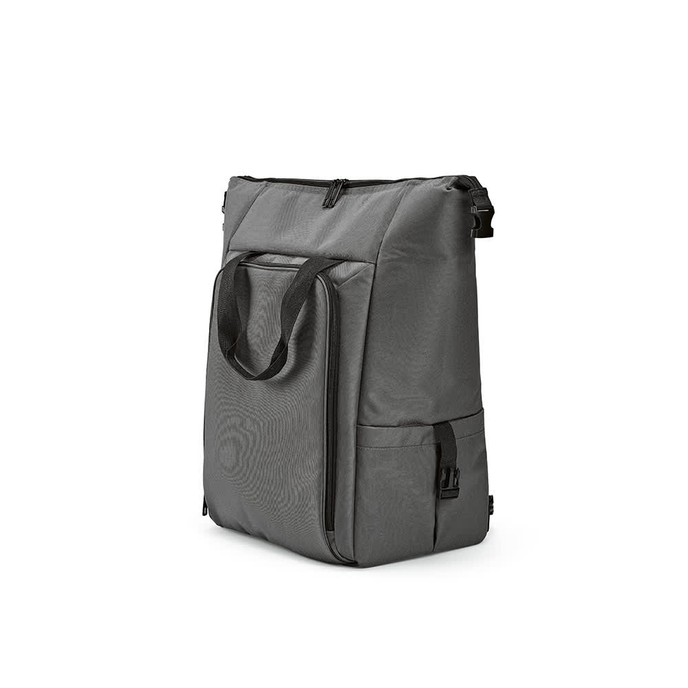 A grey cooler bag with a main compartment, a front pocket, and two side pockets. It has a sturdy handle and a zipper.