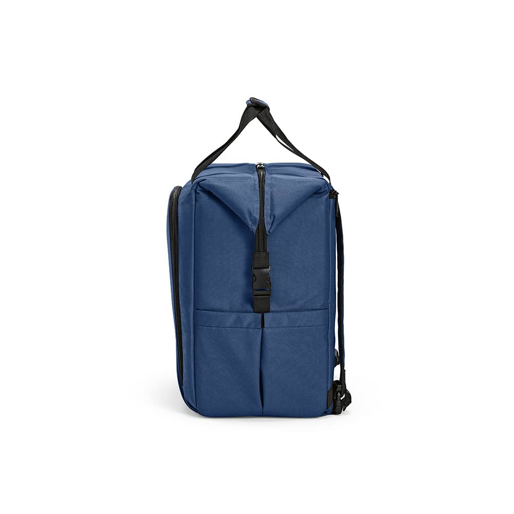 A blue cooler bag with a front pocket and two side pockets, featuring a zip closure and adjustable strap.
