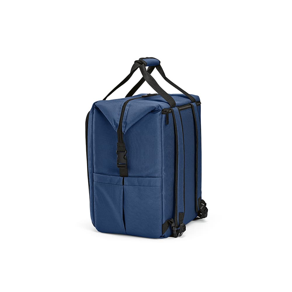 A blue cooler bag with a front pocket and two side pockets, featuring adjustable straps and a secure closure.