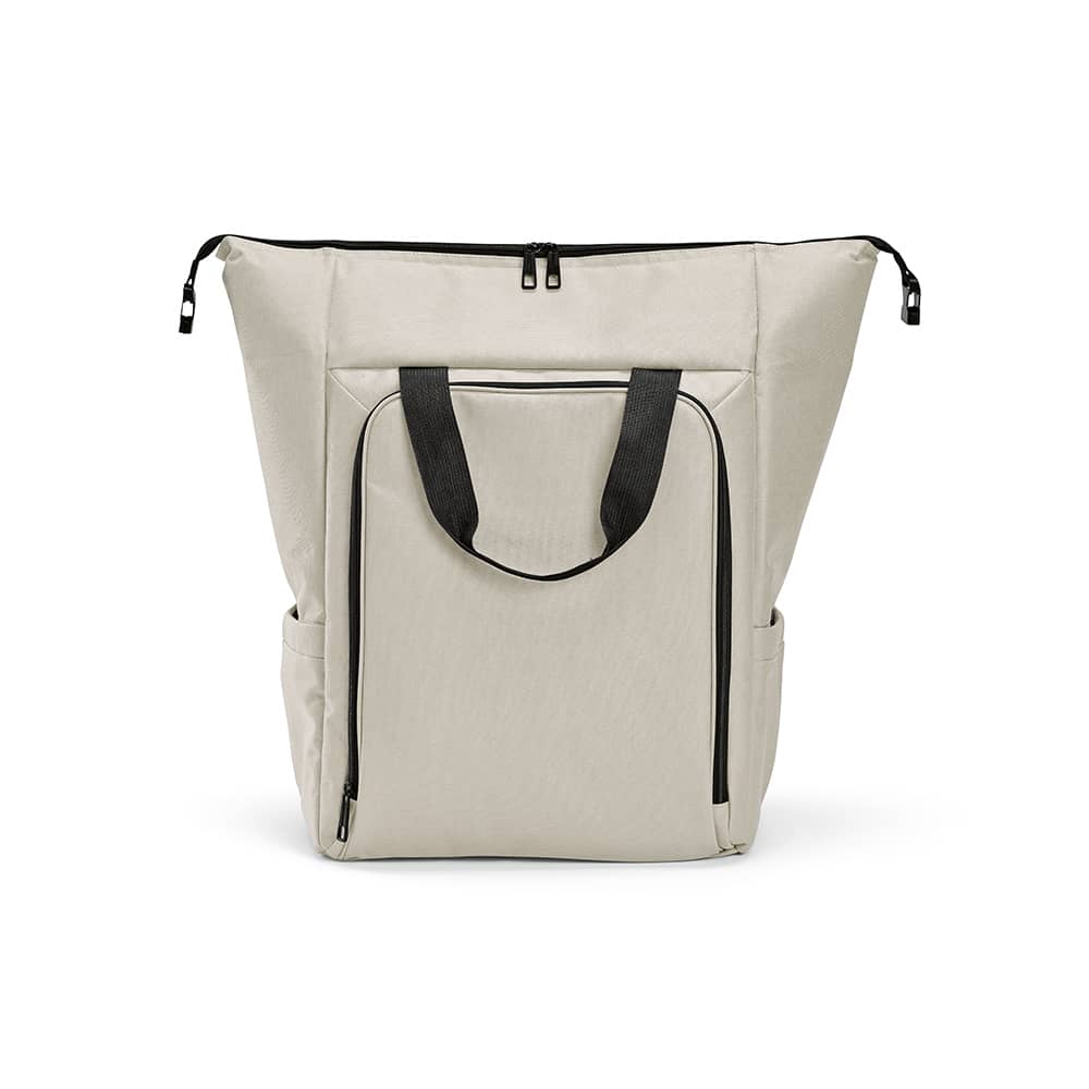 A beige cooler bag featuring a front pocket, two side pockets, and black straps. Includes a logo.