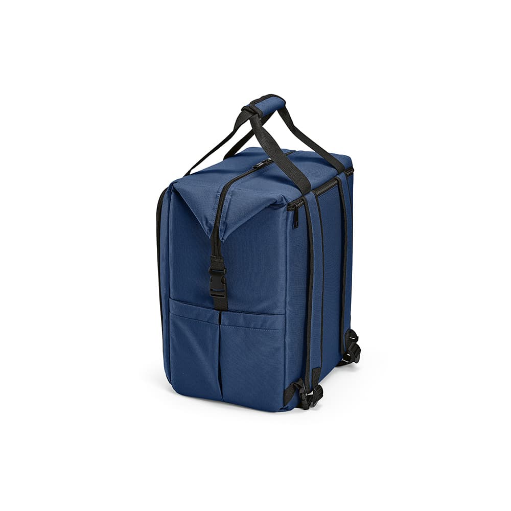 A navy blue cooler bag featuring a front pocket, two side pockets, and adjustable shoulder straps. It has a logo.