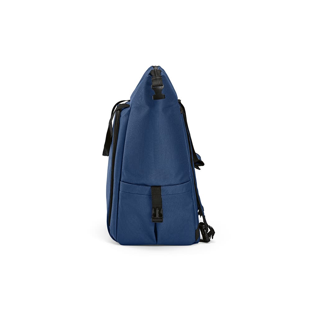 A blue cooler bag featuring a front pocket and two side pockets, with a logo on the side.