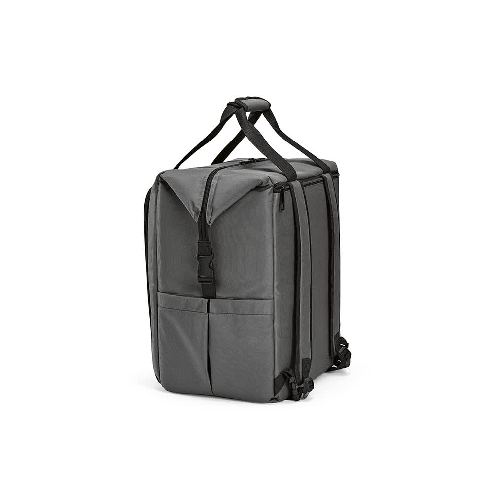 A grey cooler bag with a front pocket and two side pockets, featuring adjustable carrying straps.