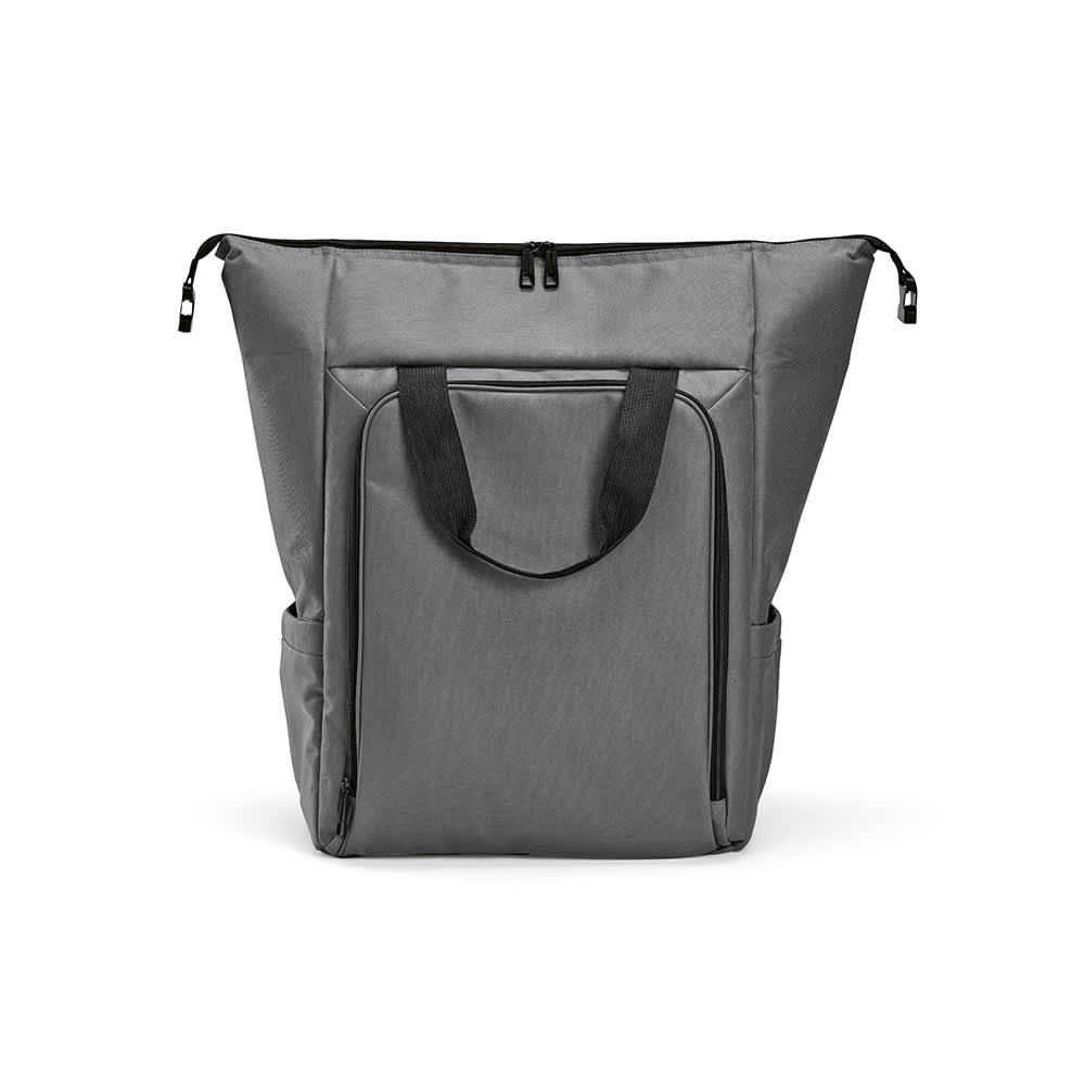 A grey cooler bag with a front pocket and two side pockets, featuring black straps and a zip closure.
