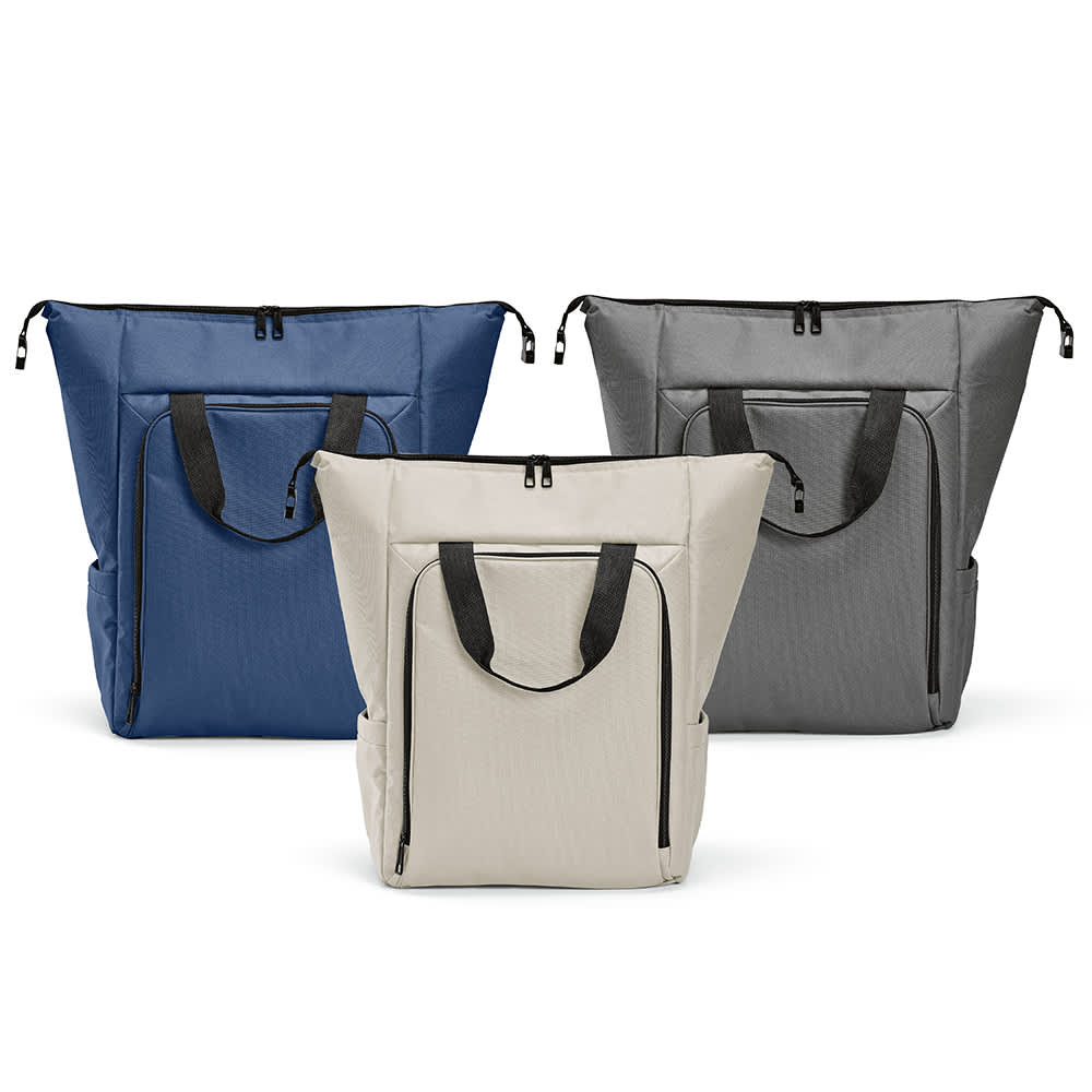 Three Dublin Coolers in blue, grey, and cream, featuring front and two side pockets, plus a logo.